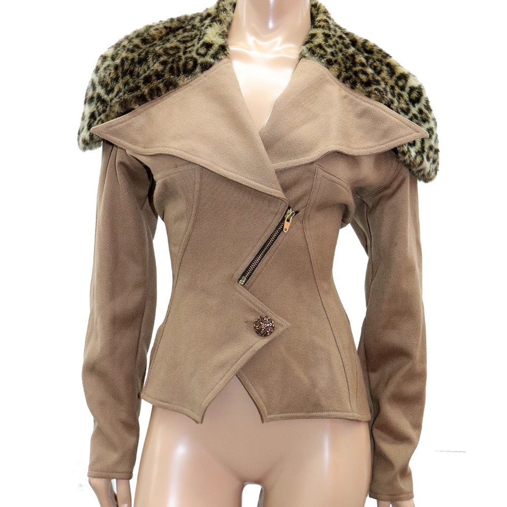 LACE & CO curvy Hourglass blazer JACKET XLARGE leopard Print Faux fur Collar 7/8